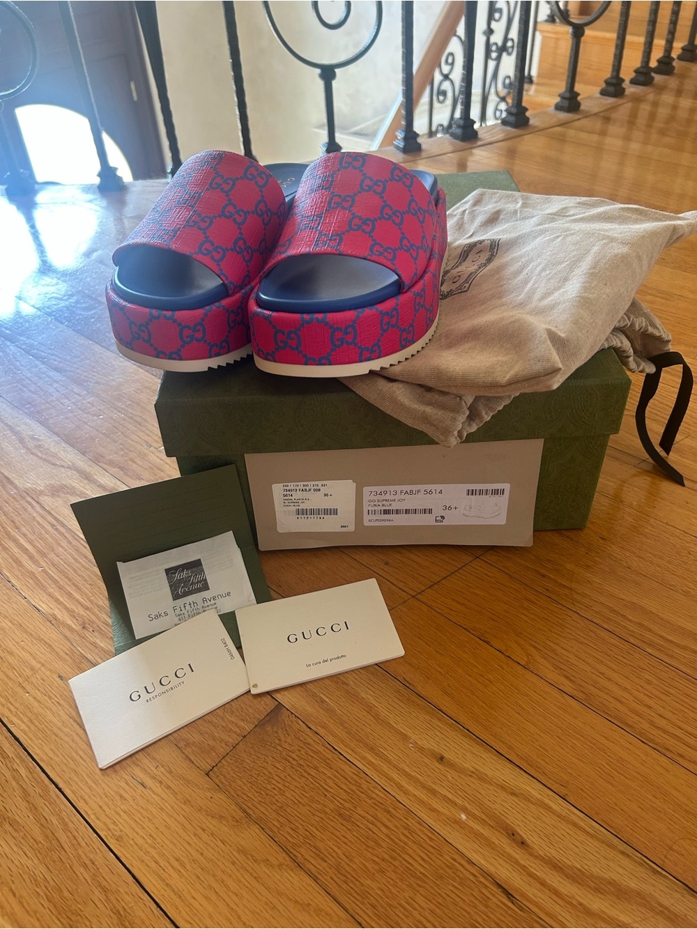 Gucci Pink & Blue GG Monogram Platform Slides